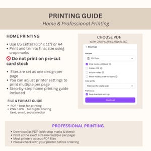 May include: A printing guide with instructions for home and professional printing. The guide includes information on file formats, paper sizes, and PDF options. The text is in black and purple on a white background.