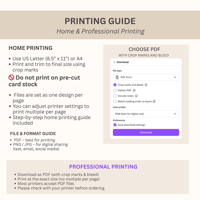 May include: A printing guide with instructions for home and professional printing. The guide includes information on file formats, paper sizes, and PDF options. The text is in black and purple on a white background.