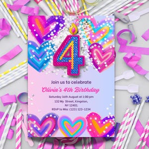 Mädchen zum 4. Geburtstagseinladung - Bearbeitbare bunte Regenbogenherzparty einladen - 4 Jahre alte Geburtstagsvorlage für Mädchen - Rosa Glitzer