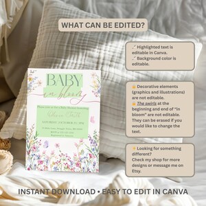 May include: A baby shower invitation with the text "BABY in bloom" in green and pink. The invitation includes details like the date, time, and location, surrounded by floral illustrations and butterflies. The words "INSTANT DOWNLOAD &bull; EASY TO EDIT IN CANVA" are at the bottom.