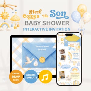 Peut inclure: Un modèle d'invitation numérique pour fête prénatale avec une enveloppe bleue, une cigogne et un sceau de cire, affiché sur un écran d'ordinateur et un smartphone. Le design inclut des soleils jaunes, des arcs-en-ciel, des nuages et des ballons.