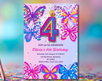 Rainbow Glitter Butterfly 4th Birthday Invitation: Editable Canva Template (Digital Download)