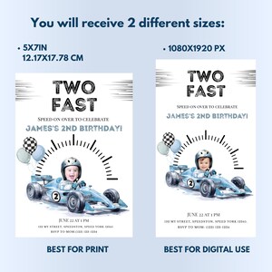 May include: A digital birthday invitation template featuring a light blue race car with a child wearing a helmet, a speedometer graphic, and balloons. Text includes TWO FAST, SPEED ON OVER TO CELEBRATE JAMES'S 2ND BIRTHDAY, JUNE 22 AT 1 PM, 132 MY STREET, SPEEDSTON, SPEED YORK 12345, RSVP TO MOM: (123) 123-1234. Available in 5x7 inches and 1080x1920 px.