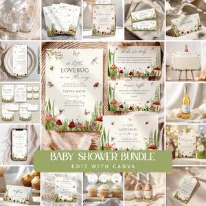 May include: A selection of baby shower stationery with a whimsical design. The illustrations include mushrooms, butterflies, and dragonflies. The bundle includes invitations, menu cards, and other decorative elements. The text "Baby Shower Bundle" is visible.
