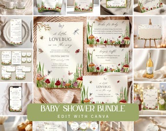 May include: A baby shower stationery bundle featuring a garden theme with illustrations of red mushrooms, green grass, and insects. The set includes invitations, menus, signs, tags, and labels with the text A little LOVEBUG is on the way.