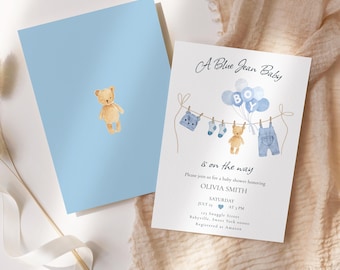 May include: Baby shower invitation with a light blue background and a watercolor illustration. The invitation features the text "A Blue Jean Baby" and includes a teddy bear, balloons, and baby clothes.