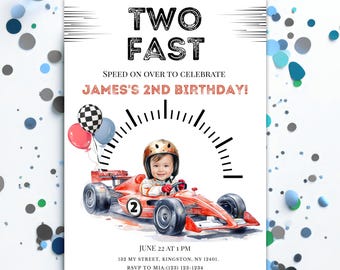 Two Fast Birthday Invitation, Red Race Car Theme, 2nd Birthday Invite