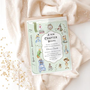 May include: A baby shower invitation designed as a book, featuring illustrations of storybook characters. The invitation reads "A New Chapter Begins" and includes event details. The design is light green and white with a soft, neutral background.