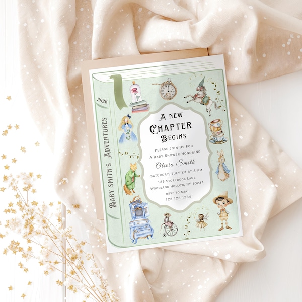 A New Chapter Begins Baby Shower Invitation, Storybook Invite, Editable in Canva
