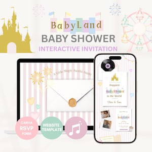 May include: A digital BabyLand baby shower interactive invitation template displayed on a laptop and smartphone screen. The design features a gold castle, a ferris wheel, fireworks, and a white envelope with a wax seal, with text including BabyLand.