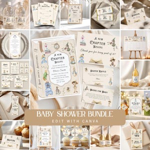 May include: A selection of baby shower stationery with a storybook theme. Includes invitations, menu cards, cupcake toppers, water bottle labels, and more. The design features illustrations of storybook characters and the text "A New Chapter Begins."