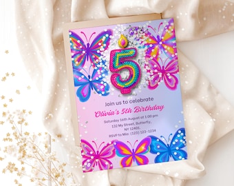 Butterfly 5th Birthday Invitation: Editable Rainbow Design (Canva Template, Digital Download