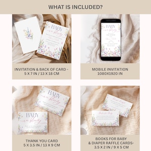 May include: A collection of baby shower stationery, including invitations, thank you cards, and diaper raffle cards. The designs feature floral accents and the text "BABY in bloom". The mobile invitation is 1080x1920 inches.