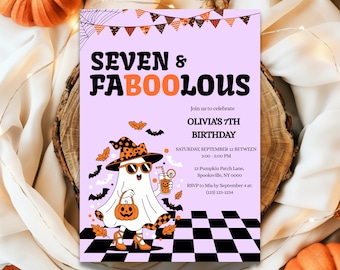 May include: A light purple birthday invitation card featuring a ghost wearing a witch hat and sunglasses, holding a pumpkin bucket and a drink. The text reads SEVEN & FABOOLOUS, Olivia's 7th Birthday, date, time, location, and RSVP details.