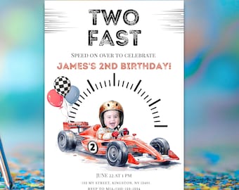 Two Fast Birthday Invitation, Red Race Car Theme, 2nd Birthday Invite