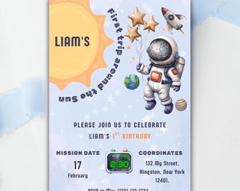 Space 1st Birthday Invitation: Astronaut, First Trip Around the Sun (Editable Template)