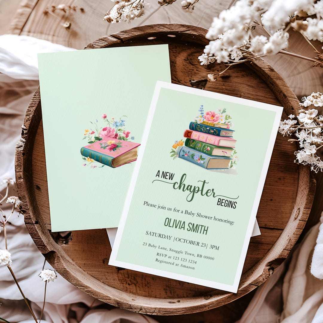 A New Chapter Begins Baby Shower, Green Storybook Invitation, Floral ...