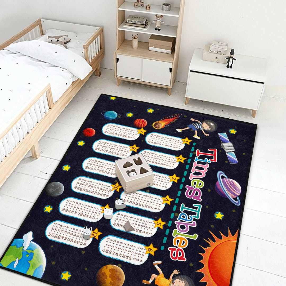 Space Theme Kids Rug - Times Tables Educational Math Carpet - Washable ...