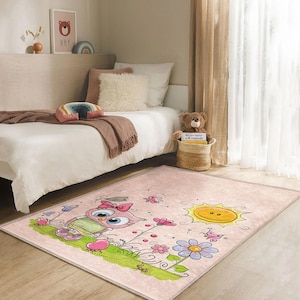Alfombra infantil de búho rosa: alfombra de animales de dibujos animados para guardería, sala de juegos o regalo de baby shower, tapete suave y antideslizante para niños pequeños.
