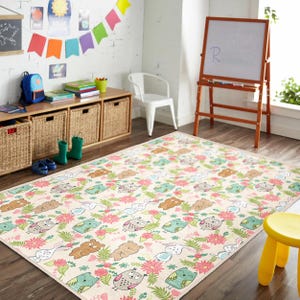 Waldtiere Kinderteppich Kaninchen, Bär, Igel - Vogel | Weiche Matte für Spielzimmer, Tummy Time - Babypartygeschenk