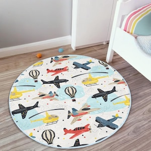 Airplane Helicopter Hot Air Balloon Kids Rug – Round Sky Themed Nursery Carpet for Baby Room, Playroom or Toddler Gift