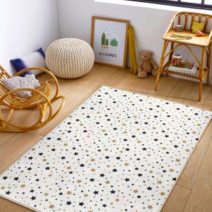 Star Pattern Nursery Rug – Gold - Black Stars | Soft Baby Room Carpet for Playroom, Crib Area, Tummy Time - Baby Shower Gift