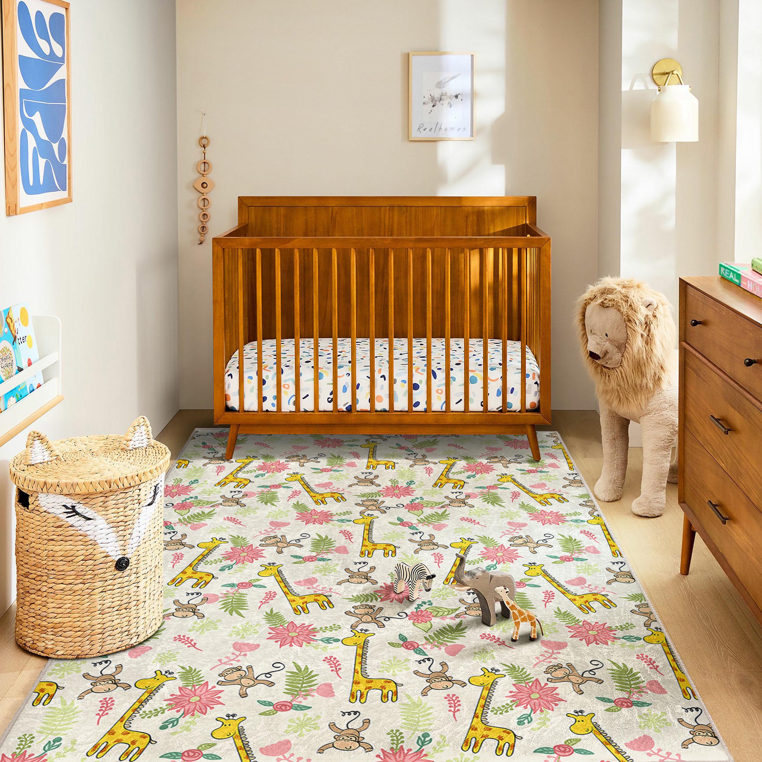 Jungle Animal Kids Rug – Giraffe, Monkey - Flowers | Soft Playroom ...