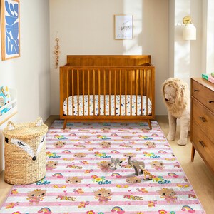 Pink Cat Nursery Rug – Cute Kitten - Rainbow Play Mat with Magic Theme for Baby Girl Room, Toddler Decor - Baby Shower Gift