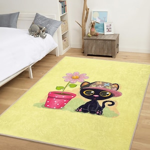 Bonita alfombra infantil con diseño de gato negro y maceta, ideal para sala de juegos, dormitorio infantil, regalo para baby shower, adorable diseño de mascota de dibujos animados.