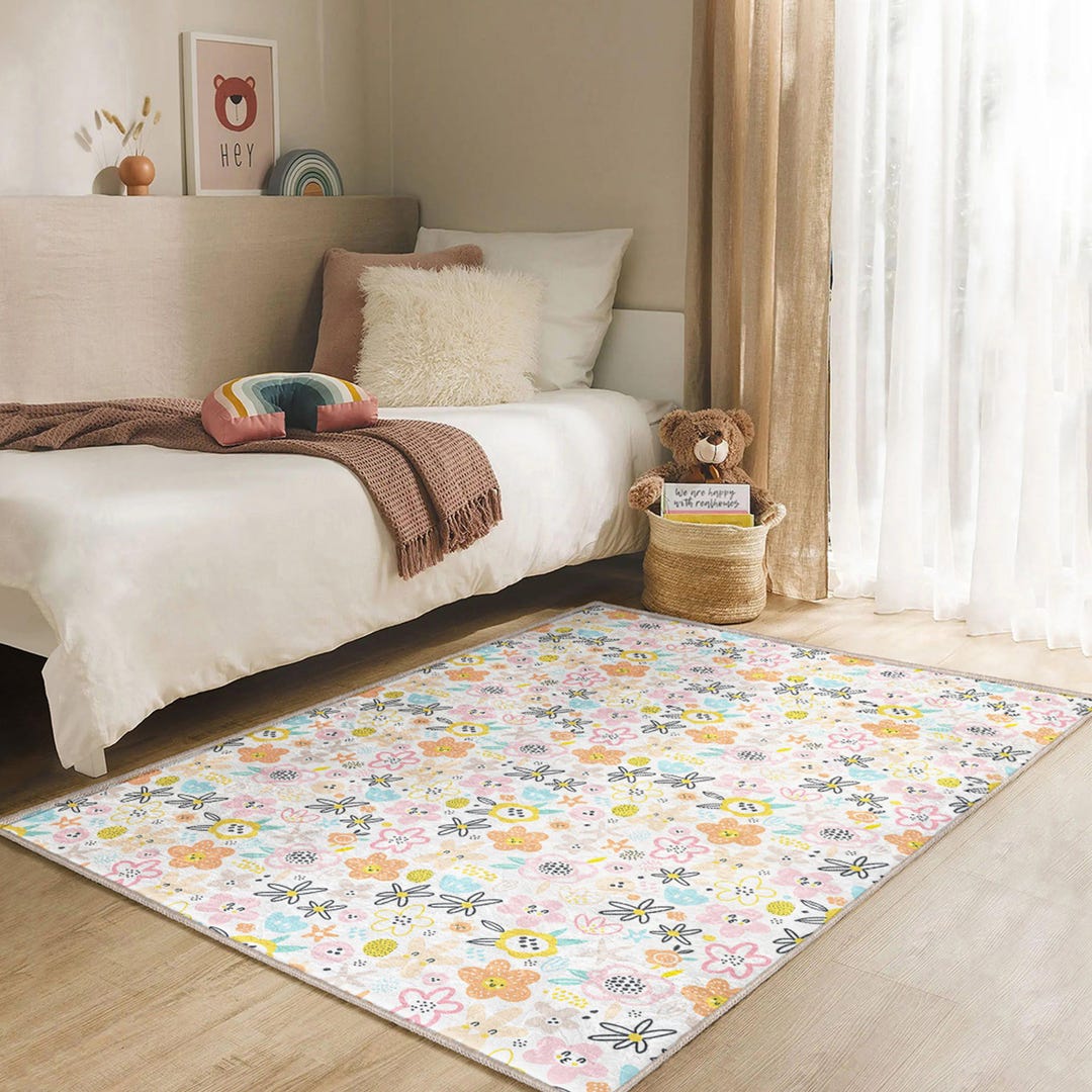 Colorful Floral Baby Rug – Soft Non-slip Nursery Carpet With Flowers ...