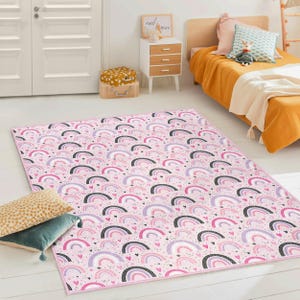 Pink Rainbow Kids Rug – Soft Non Slip Nursery Carpet | Girls Room Decor | Cute Baby Play Mat | Toddler Floor Rug | Heart Pattern