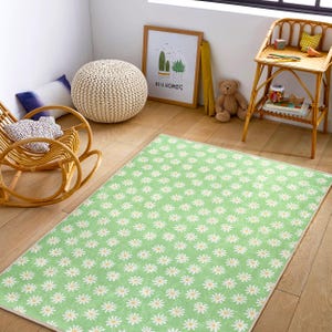 Soft Green Floral Carpet for Nursery, Kids Room Play. Cute, Washable, Non-Slip. Perfect for Playtime & Decor