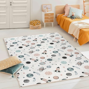 Space Theme Kids Rug – Soft Non-Slip Baby Play Mat with Planets, Rockets - Stars, Perfect for Nursery, Toddler Room or Gift