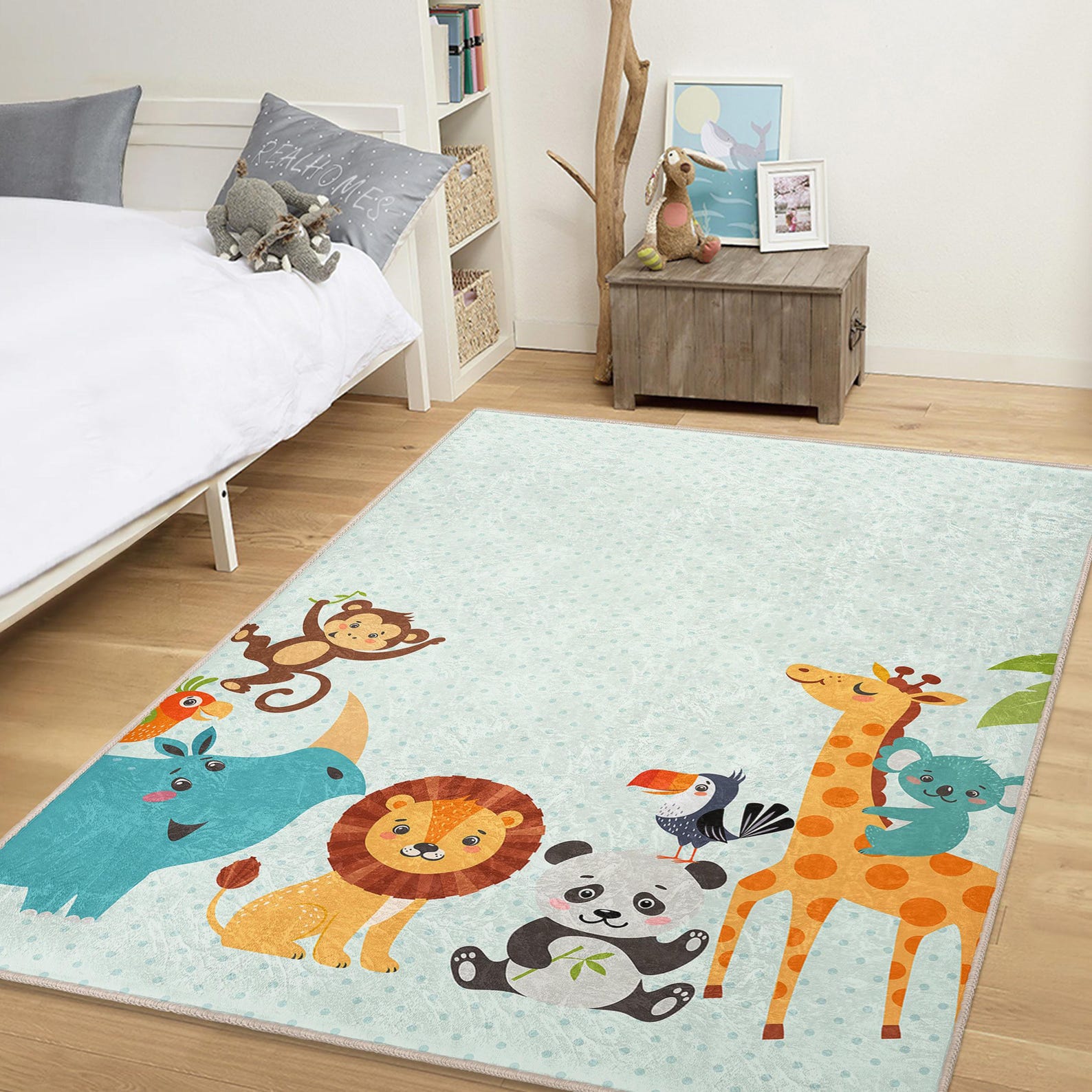Kids Safari Rug With Lion, Monkey & Giraffe - Soft Nursery Carpet, Cozy ...