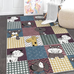 May include: A colorful patchwork rug with a variety of animal designs, including a giraffe, zebra, hippopotamus, dog, and bear. The rug has a checkered pattern in shades of blue, yellow, and gray.