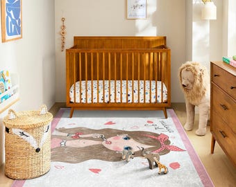 Cartoon Girl Nursery Rug: Pink Heart Play Mat, Soft Kids Room Decor