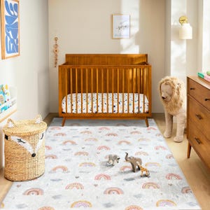 Boho Rainbow Nursery Rug – Soft Gender Neutral Baby Room Carpet with Clouds - Hearts | Toddler Play Mat - Montessori Floor Decor
