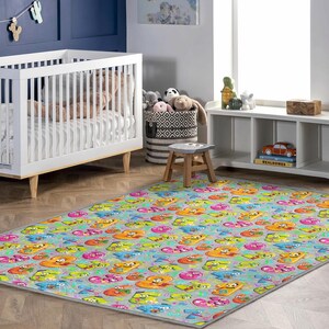 Blauw dierenkleed muziek – Helder cartoontapijt voor kinderen met zingende beren - dansende katten, vloermat kinderkamer, cadeau speelkamerdecor