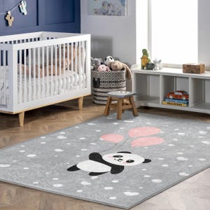 Gray Panda Balloon Rug – Soft Nursery Carpet with Heart Balloons, Cute Animal Play Mat for Kids Room, Baby Shower Gift for Toddlers