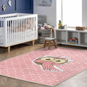Pink Polka Dot Owl Rug for Girls Room – Cute Cartoon Owl Carpet for Nursery, Baby Shower  Playroom - Kids Gift – Soft - Non-Slip