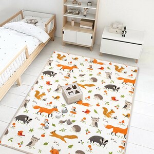 Alfombra caprichosa con animales del bosque – Alfombra suave para habitación infantil con zorro, ciervo y erizo – Tapete para sala de juegos infantil – Ideal para baby shower imagen 9