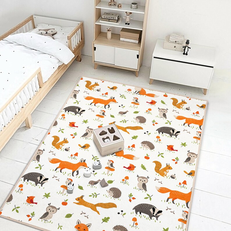 Alfombra caprichosa con animales del bosque – Alfombra suave para habitación infantil con zorro, ciervo y erizo – Tapete para sala de juegos infantil – Ideal para baby shower imagen 9