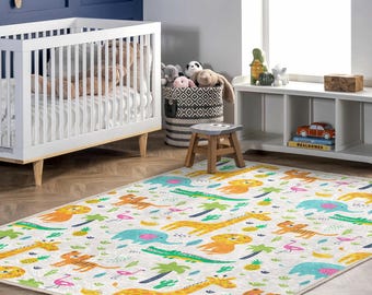 Jungle Safari Kids Rug – Soft Non-Slip Nursery Carpet with Lion, Elephant, Tiger - Giraffe for Baby Room, Playroom or Toddler Gift