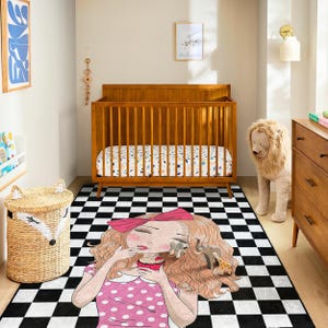 チェック柄ガールラグ - ピンクカップケーキポップアートティーンカーペット、女の子の寝室用ブラックホワイトソフトフロアマット、キュートでモダンな子供部屋の装飾