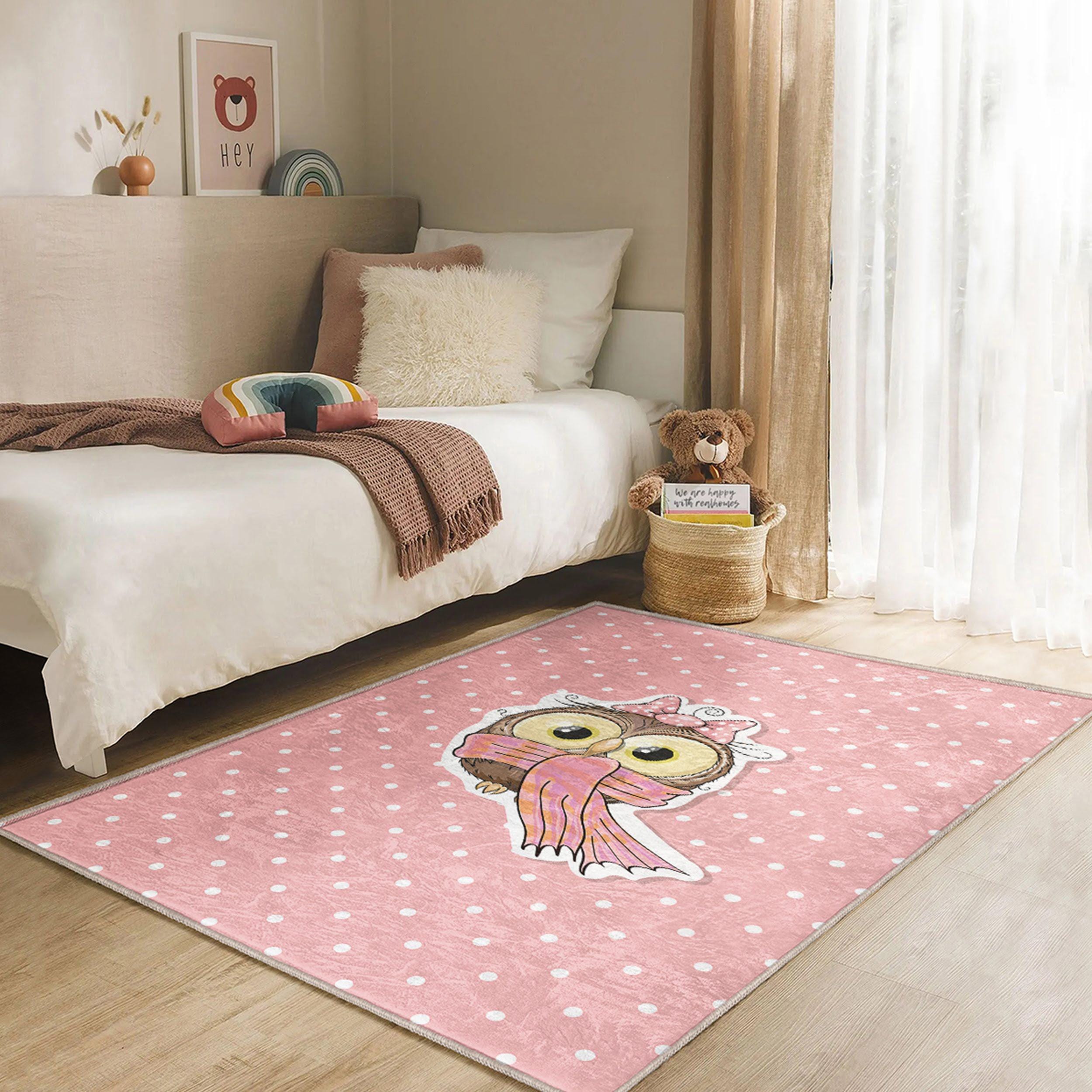 ピンクの水玉模様のフクロウ柄ラグ - 柔らかい子供部屋用カーペット