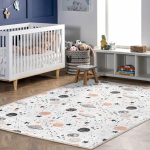 Space Theme Kids Rug – Soft Non-Slip Galaxy Carpet with Planets, Stars - Orbits for Playroom, Nursery or Toddler Room Decor