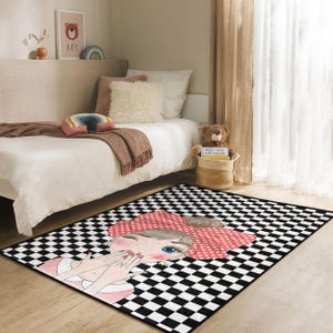 Checkered Girl Rug with Red Polka Dot Bow – Cute Cartoon Carpet for Kids Room, Nursery or Playroom – Soft - Stylish Area Rug