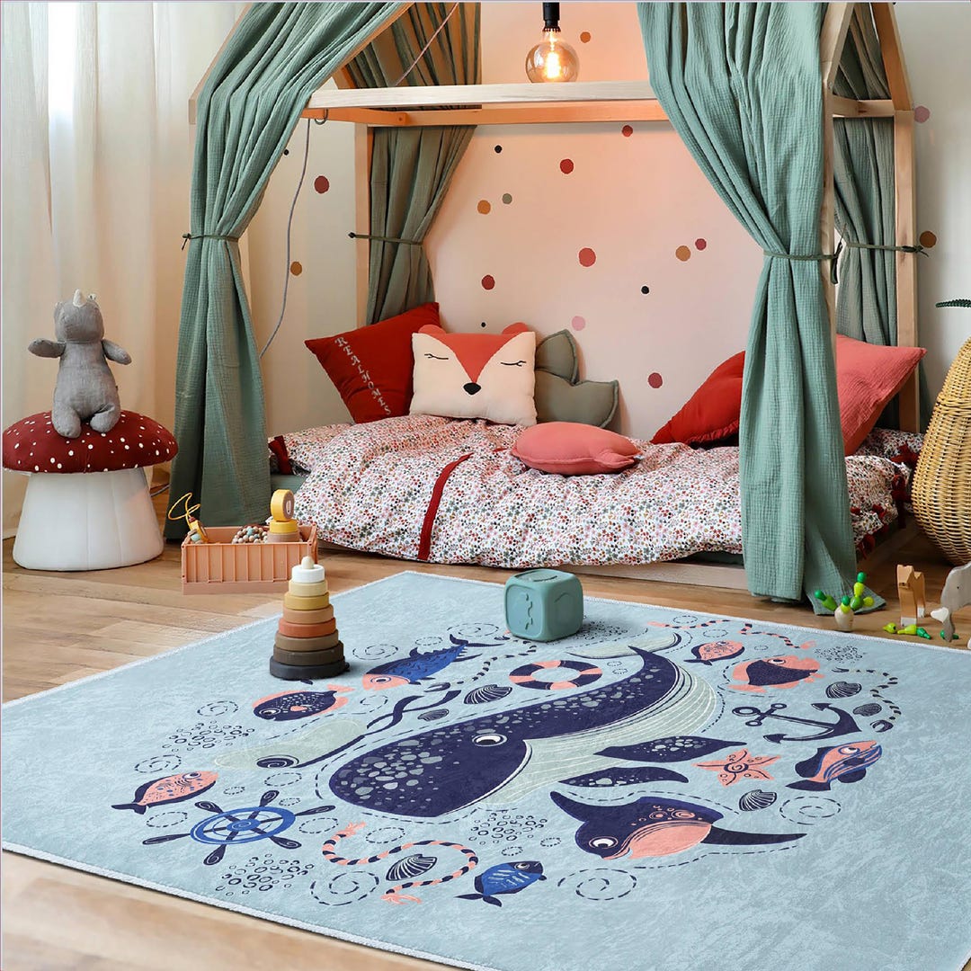 Blue Whale Kids Rug: Ocean Nursery, Anti-slip Carpet - Etsy