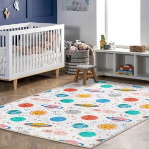 Space Themed Kids Rug – Colorful Planet - Star Play Mat for Baby Nursery | Soft Galaxy Carpet for Toddler Room - Learning Spaces