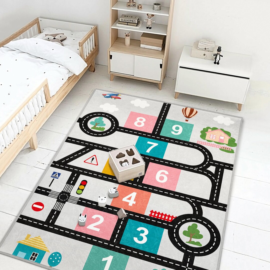 Kids Traffic Rug City Map - Hopscotch Play Area Carpet for Learning ...